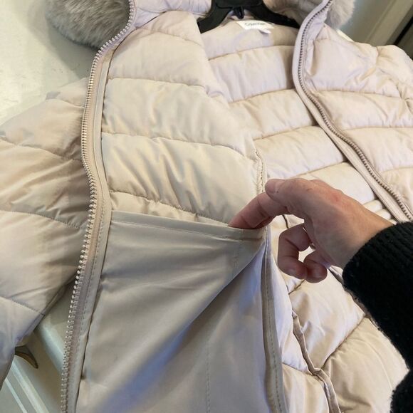 Calvin Klein Sorona Aura Lightweight Cream Chevron MidLength Puffer Coat Size LG - Picture 14 of 15